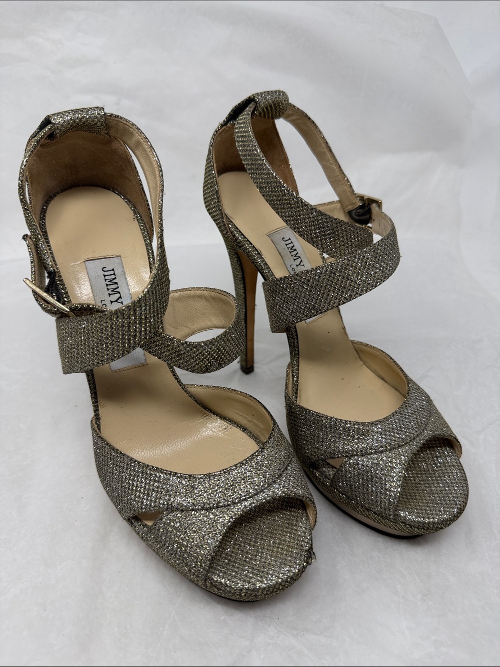 Jimmy Choo Silver Glitter Strappy High-Heel Sandals Size 38